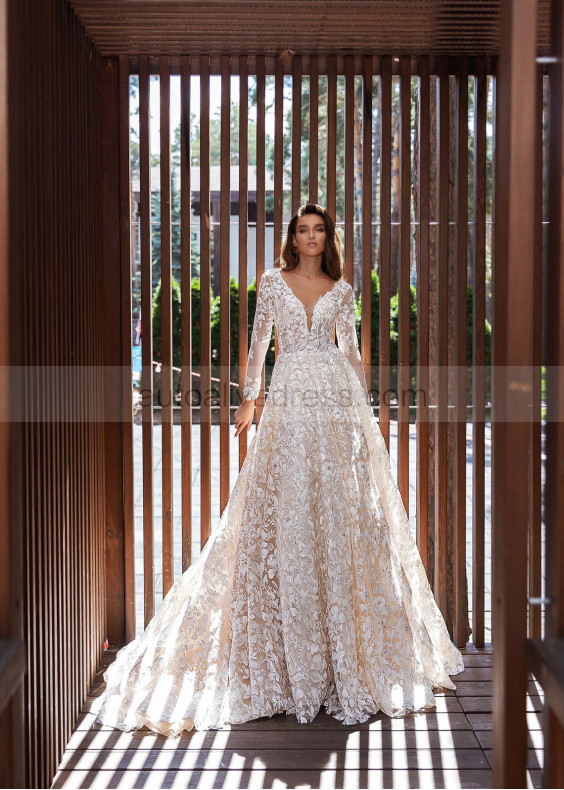 Long Sleeve Beaded Ivory Lace Cathedral Wedding Dress